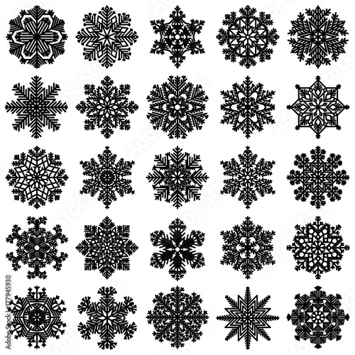 Set of 25 highly detailed geometrical snowflakes isolated on white. Vector illustration.