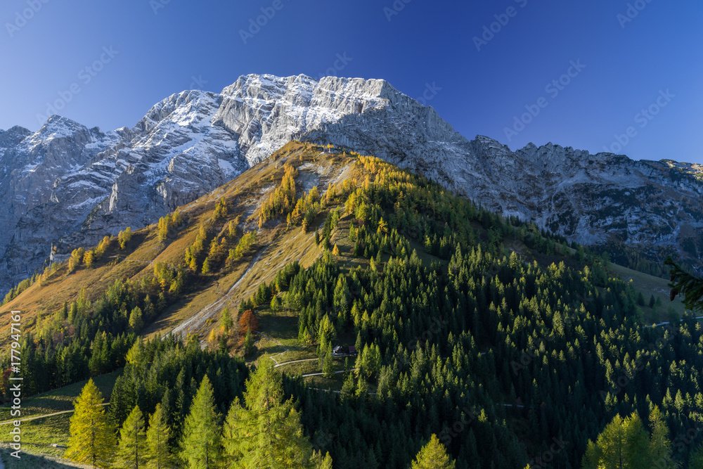 Panorama german-austrian alps near Berchtesgaden in autumn.