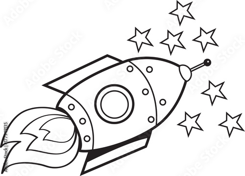 Black and white illustration of a spaceship.