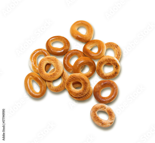 Small bagels, small rolls on a white background.
