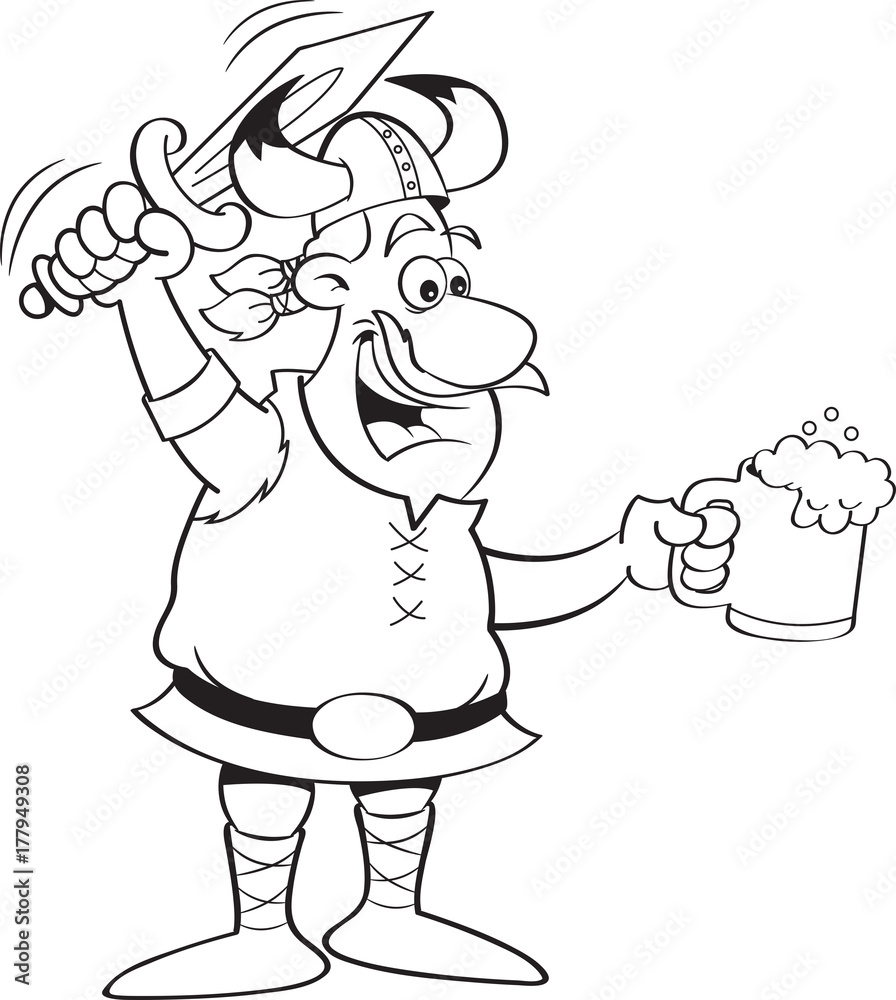 Black and white illustration of a Viking holding a sword and a mug.