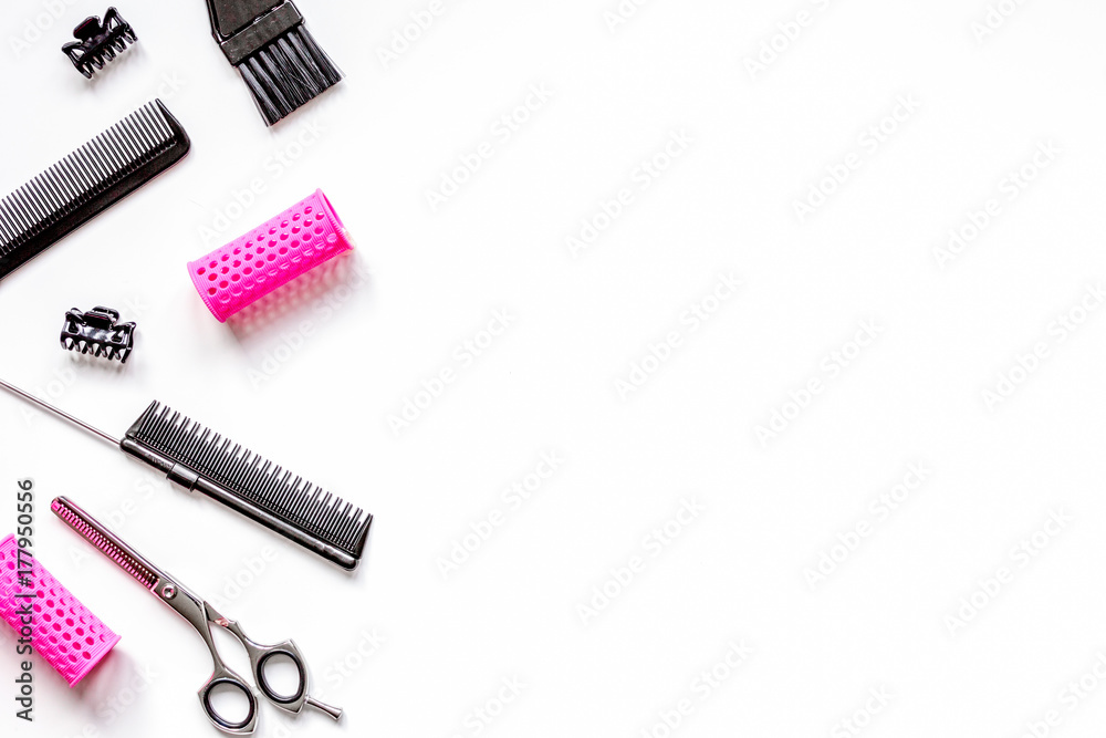 Tools for hair styling on white background top view Tools for hair styling on white background top view