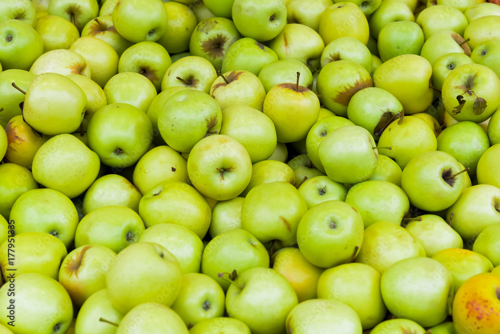 Background of green apples on sale at the local farmer market. Organic, healthy, vegetarian diet food concept. Selective focus Background of green apples on sale at the local farmer market. Organic, healthy, vegetarian diet food concept. Selective focus