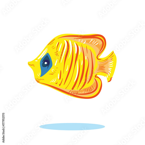 Cute cartoon yellow fish character hand drawn vector illustration