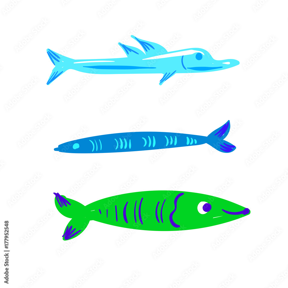 Cute character fish vector illustration set isolated