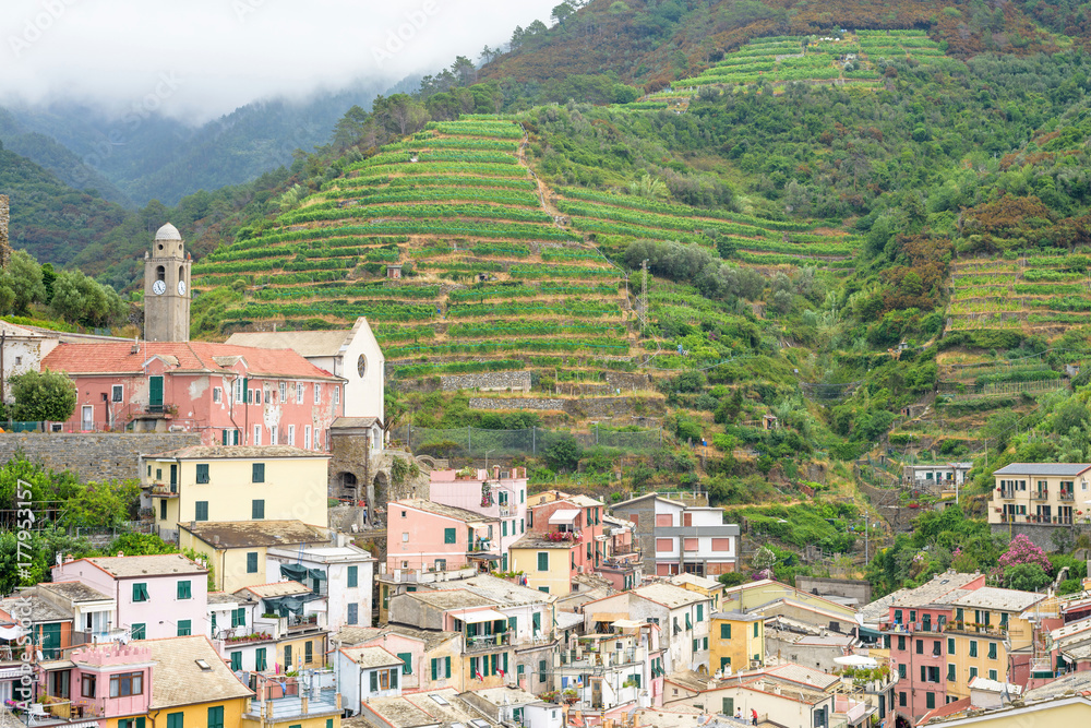 View to city, belltower and green mountains of Vernazza, Cinque Terre, Italy