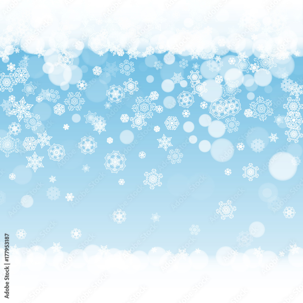 Winter frame with white snowflakes for Christmas and New Year celebration. Holiday winter frame on blue background for banners, gift coupons, vouchers, ads, party events. Falling frosty snow.