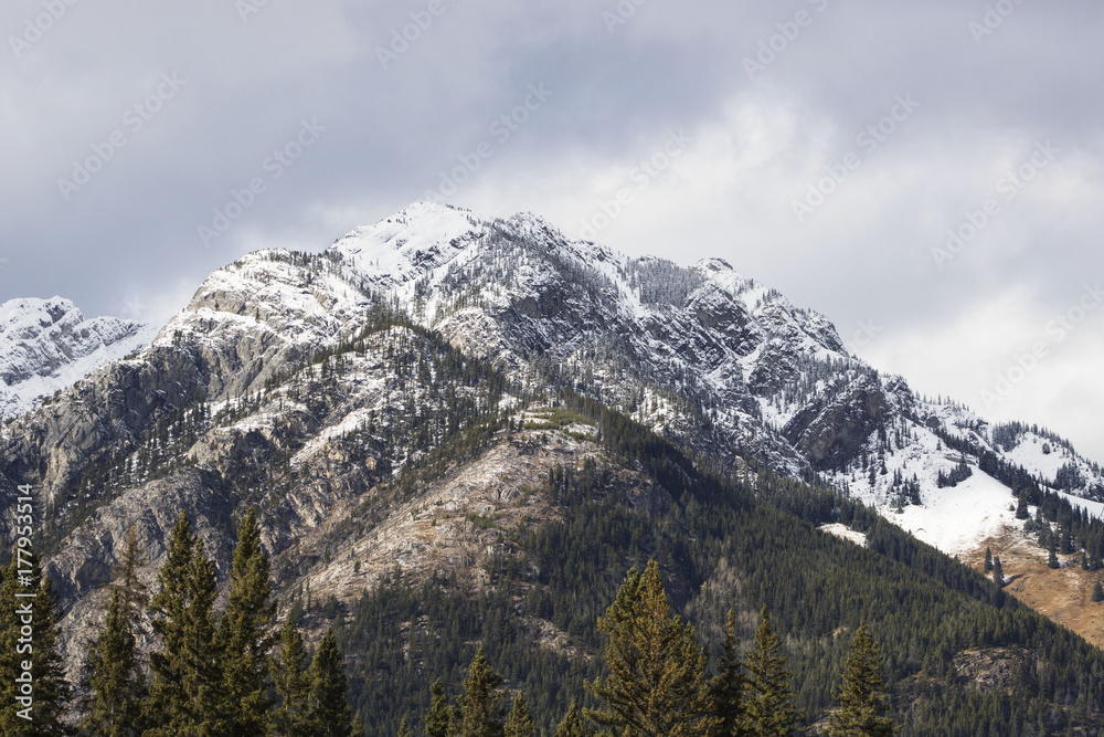 A sprinkle of snow on top of a mountain in Banff National Park, Alberta Canada.