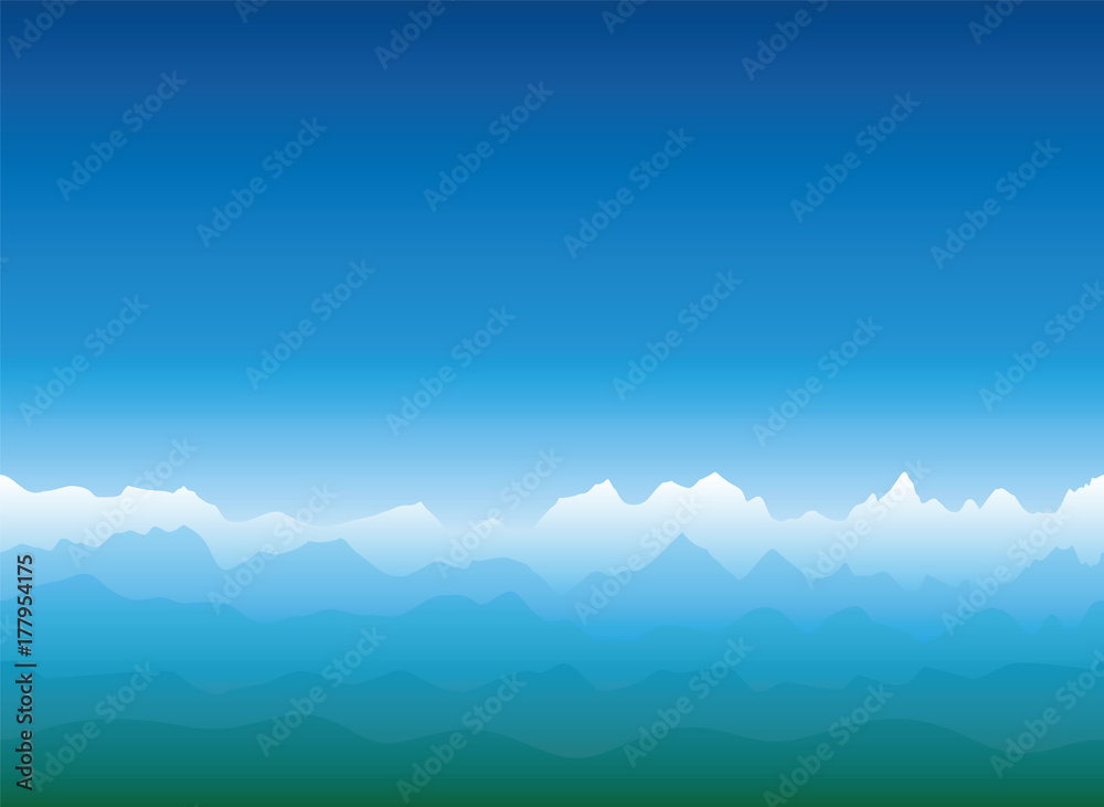 Mountain horizon with white snow covered glaciers, blue mountains and green hills, a vast and misty landscape - vector on blue gradient background - seamless expandable in both directions.