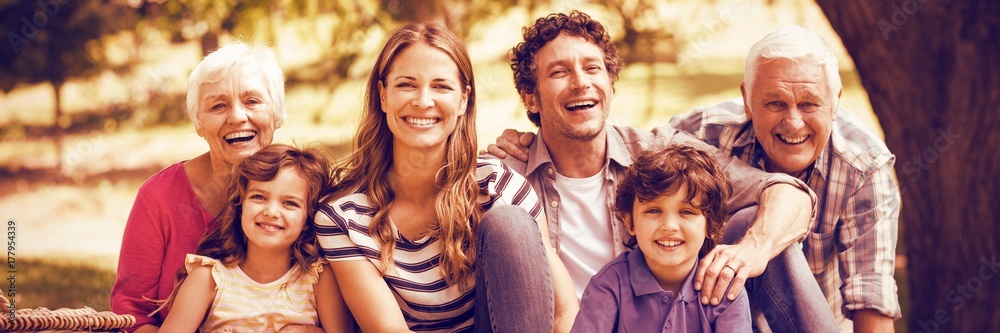Portrait of smiling family having picnic - obrazy, fototapety, plakaty 
