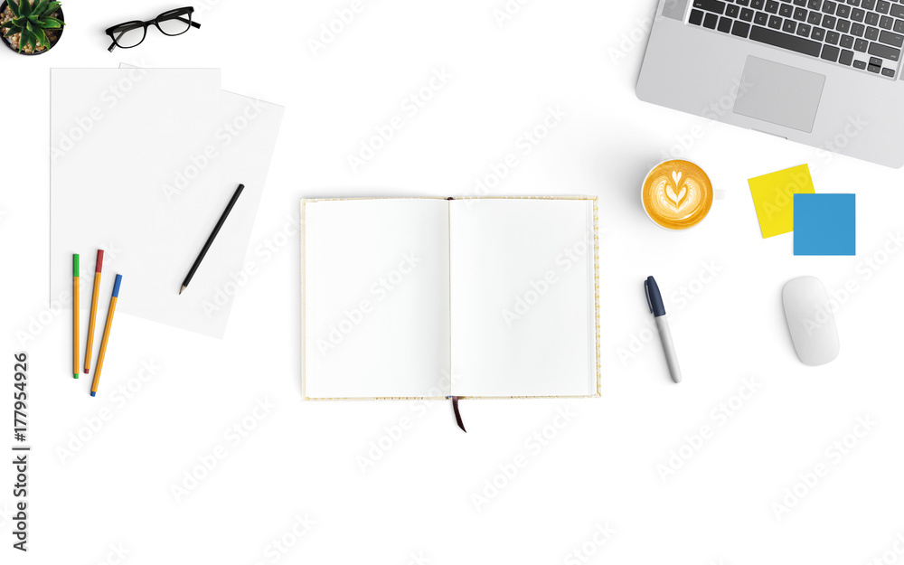 Modern workspace with coffee cup, smartphone, paper, notebook, tablet and laptop copy space on white color background. Top view. Flat lay style. Modern workspace with coffee cup, smartphone, paper, notebook, tablet and laptop copy space on white color background. Top view. Flat lay style.