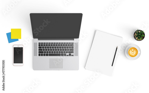 Modern workspace with coffee cup, smartphone, paper, notebook, tablet and laptop copy space on white color background. Top view. Flat lay style.