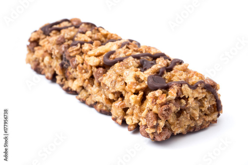Chocolate cereal bars with wheat whole grain and chocolate on a white background.