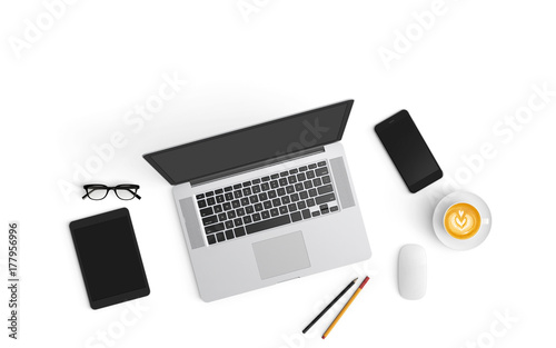 Modern workspace with coffee cup, smartphone, paper, notebook, tablet and laptop copy space on white color background. Top view. Flat lay style.