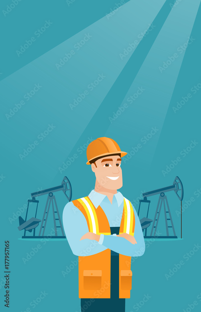 Caucasian oil worker in uniform and helmet. Confident oil worker standing with crossed arms. Young oil worker standing on the background of pump jack. Vector flat design illustration. Vertical layout. Caucasian oil worker in uniform and helmet. Confident oil worker standing with crossed arms. Young oil worker standing on the background of pump jack. Vector flat design illustration. Vertical layout.
