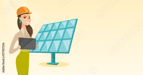 Engineer working on tablet at solar power plant. Worker with tablet computer at solar power plant. Worker in hard hat checking solar panel setup. Vector flat design illustration. Horizontal layout.