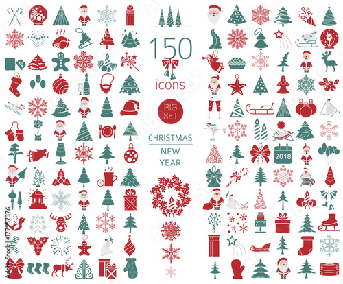 Christmas, New Year holidays icon big set. Flat style collection