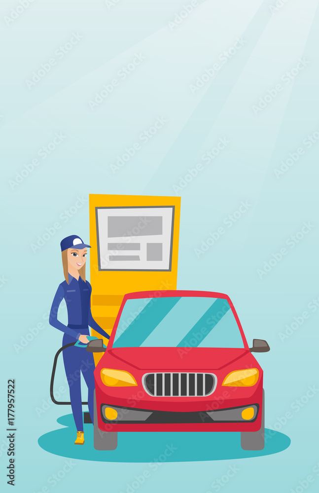 Caucasian friendly worker filling up fuel into the car. Smiling female worker in workwear at the gas station. Young gas station worker refueling a car. Vector flat design illustration. Vertical layout Caucasian friendly worker filling up fuel into the car. Smiling female worker in workwear at the gas station. Young gas station worker refueling a car. Vector flat design illustration. Vertical layout