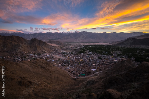 Landscape of Leh city and mountain around from Leh Monastery Leh district, Ladakh, in the north Indian state of Jammu and Kashmir.