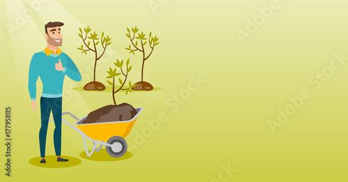 Caucasian gardener with wheelbarrow standing on the background of newly planted trees. Young gardener pushing wheelbarrow with tree and dirt in park. Vector flat design illustration. Horizontal layout