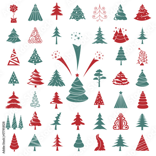 Christmas tree icon set. Flat isolated design. New year winter collection