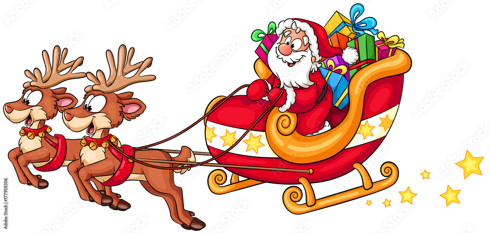 Weihnachtsmann im Schlitten mit Rentieren - Vektor-Illustration Stock  Vector | Adobe Stock