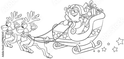 Weihnachtsmann im Schlitten mit Rentieren - Vektor-Illustration