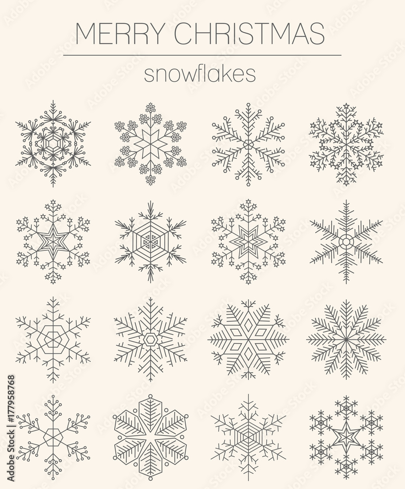 Snowflake icon set. Vintage outline version. Christmas collection