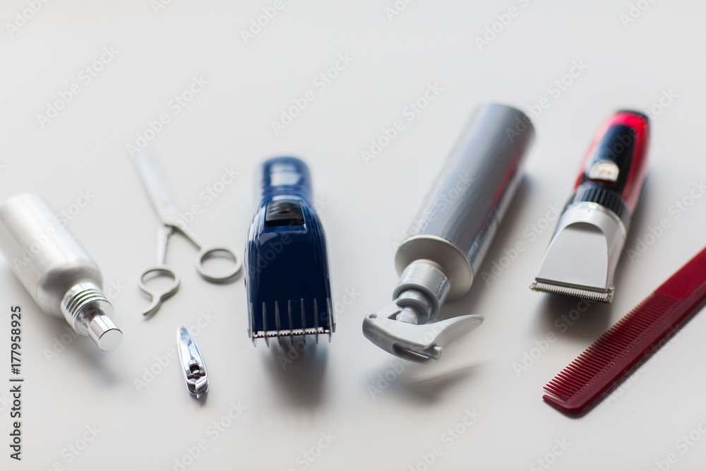 Naklejka premium styling hair sprays, clippers, comb and scissors