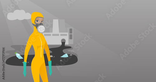 Caucasian woman in mask and radiation protective suit standing on the background of nuclear power plant. Scientist wearing radiation protection suit. Vector flat design illustration. Horizontal layout