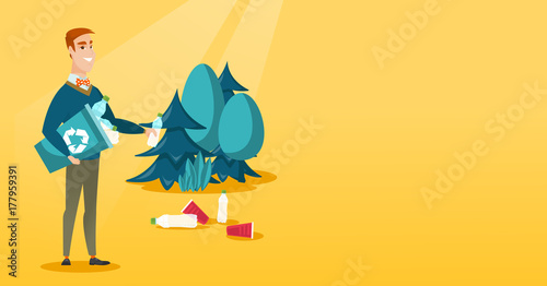 Caucasian man collecting garbage in recycle bin. Man with recycling bin in hand picking up used plastic bottles in forest. Waste recycling concept. Vector flat design illustration. Horizontal layout.