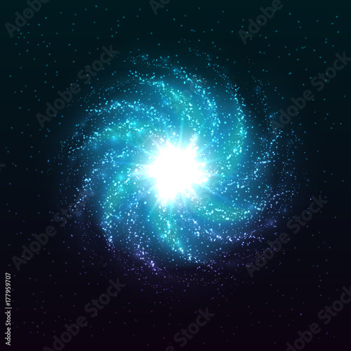 Vector spiral galaxy. Beautiful abstract shining stars background. Bright night sky. Creative cosmic space illustration.