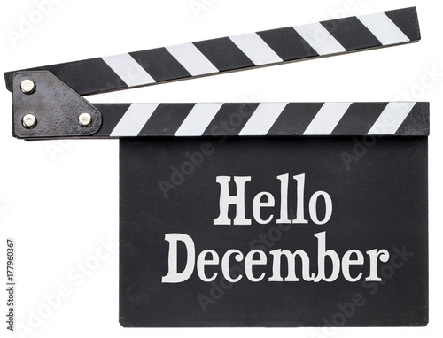 Hello December text on clapboard
