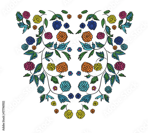 Floral design , embroidery pattern. Colorful vector illustration hand drawn. Fantasy flowers leaves. T-shirt designs.