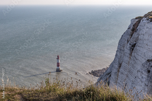Beachy Head chalk cliff with lighthouse and shadow and long grass in the foreground.