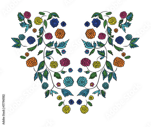 Floral design , embroidery pattern. Colorful vector illustration hand drawn. Fantasy flowers leaves. T-shirt designs.