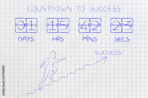 countdown to success timer and man running over stairs with arrows and text