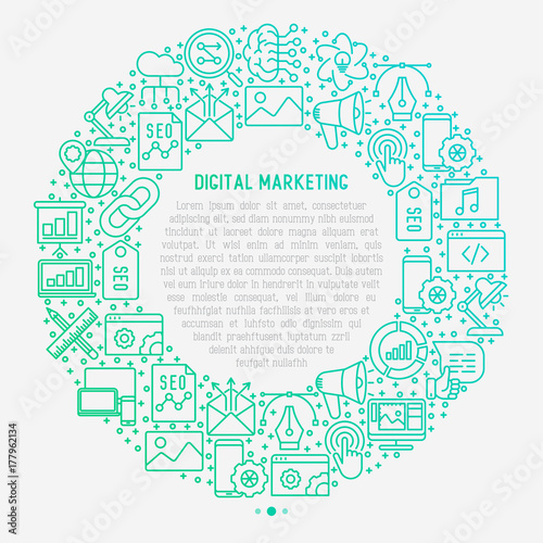 Digital marketing concept in circle with thin line icons: searching idea, development, optimization, management, communication. Vector illustration for banner, web page, print media.