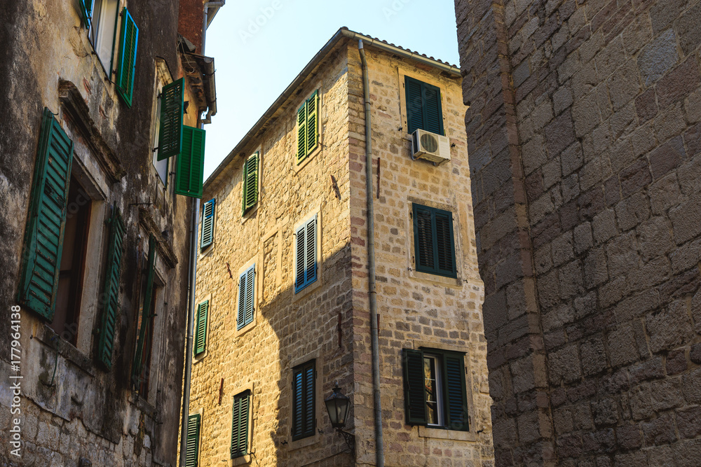 Facade of historical buildings in Kotor, Montenegro