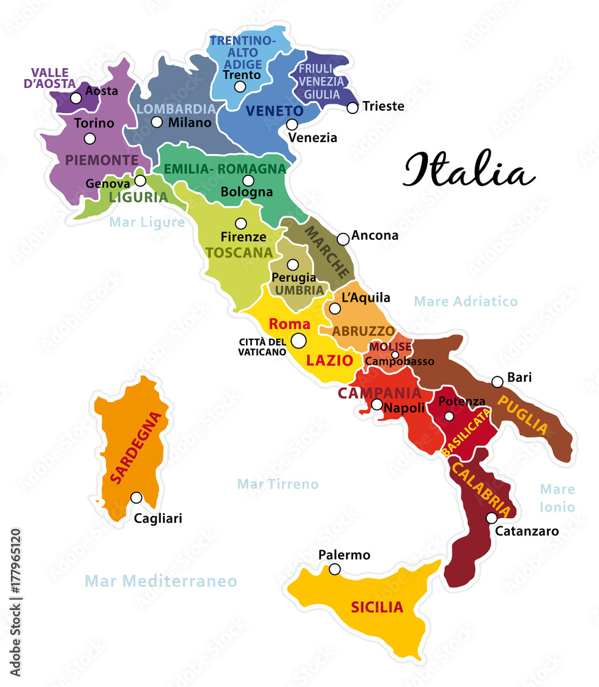 Mappa dell'Italia colorata con regioni, capitale e capoluoghi.  Illustrazione su fondo grigio chiaro. Stock Vector | Adobe Stock