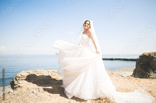 Romantic beautiful bride in white dress posing on the background sea © olegparylyak