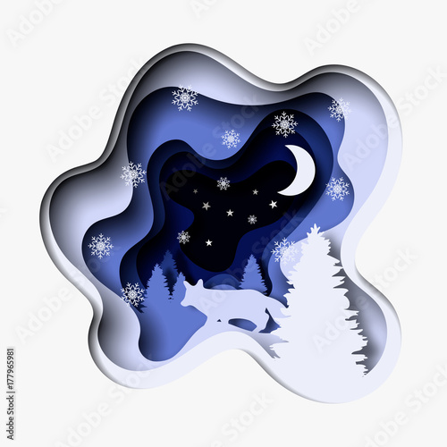 3d abstract paper cut illustration of fox, tree, snow, moon and stars in the night. Vector colorful template