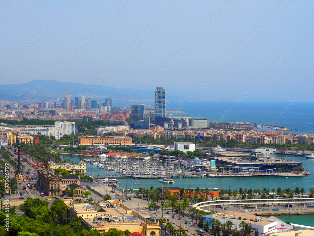 Aerial view of Port Vell in Barcelona, Spain