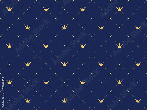 Navy blue seamless pattern in retro style with a gold crown. Can be use for premium royal designs.  photo