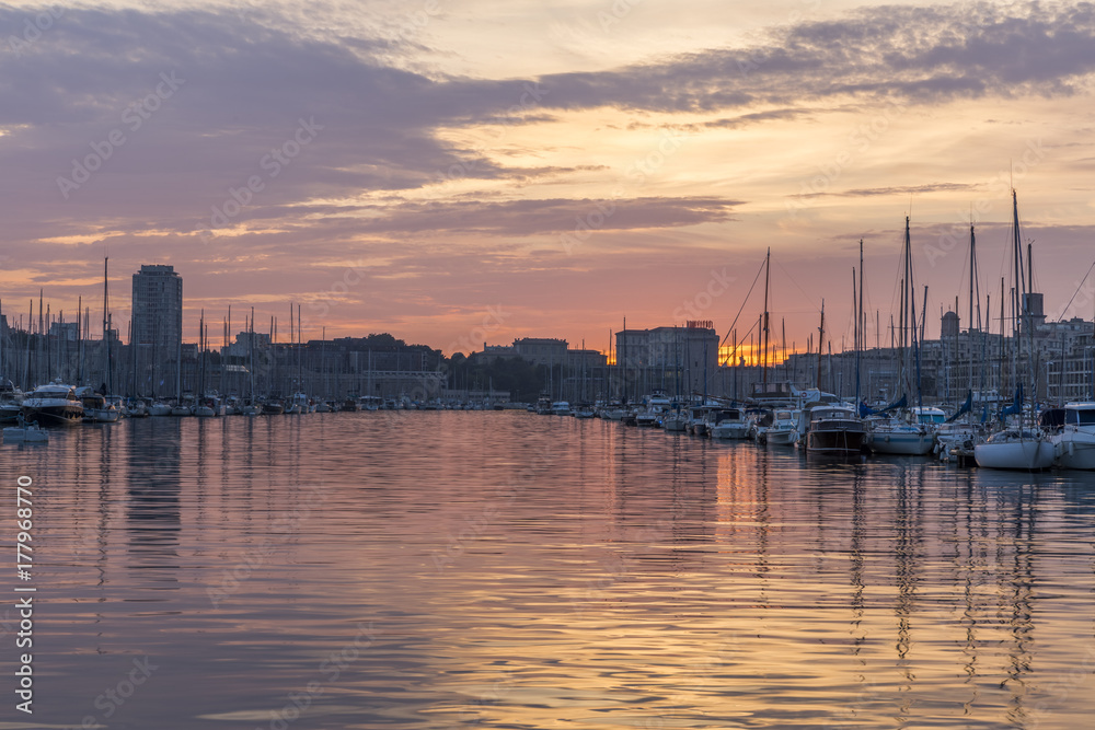 Sunset in old port, the main popular place in Marseille