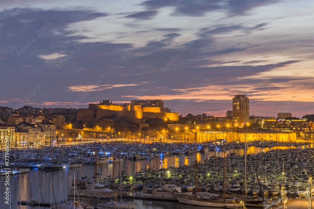 Evening view of the old port of Marseille and Fort Saint-Nicolas