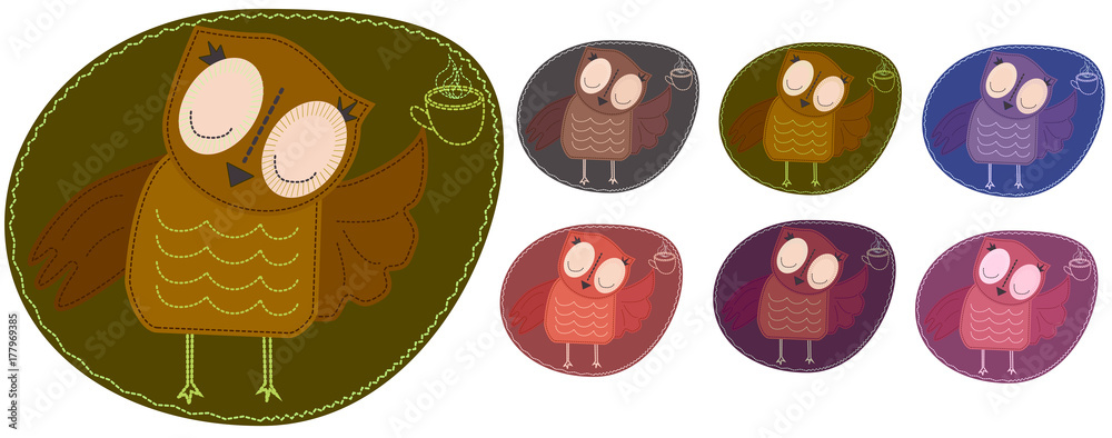 A set of multi-colored owls that hold a cup of hot coffee. Imitation of stripe, appliqué, fabric and stitching, seam