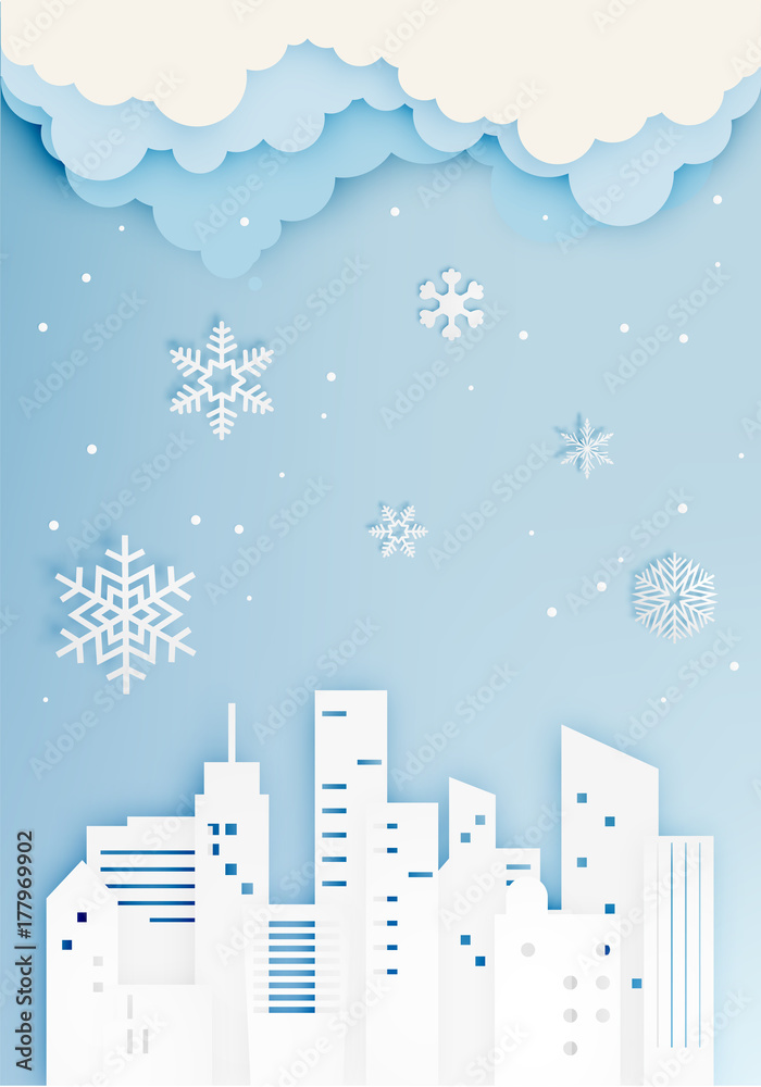 City in winter season with paper art style
