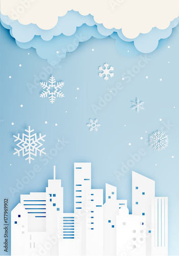 City in winter season with paper art style