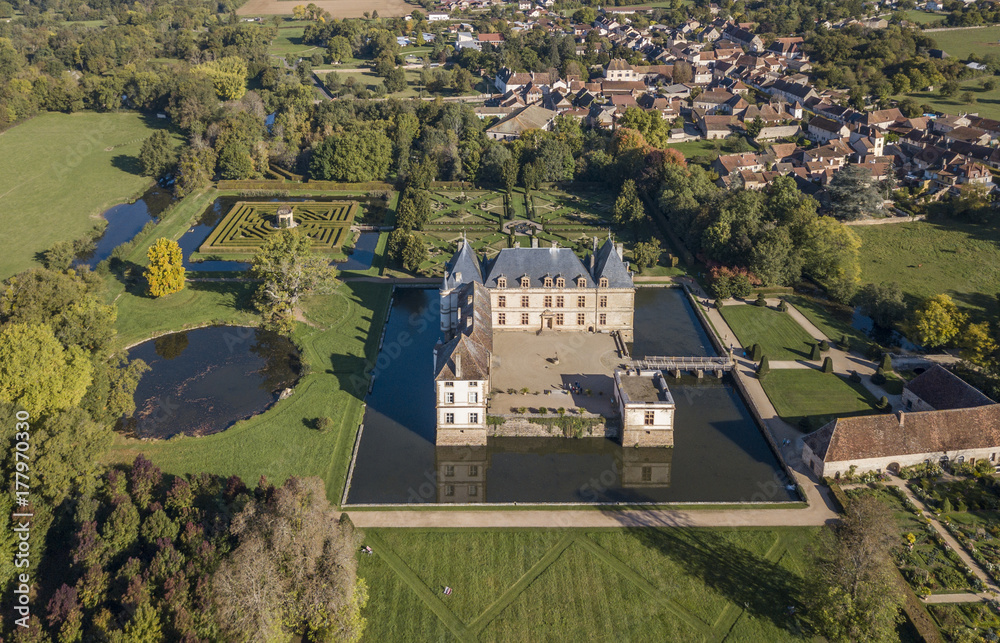 Aerial view of the moated Cormatin castle in South Burgundy